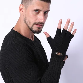 Моден зимни Вълнени и Акрилни плюс Дебели плюшени Жакард crochet-топлите ръкавици на половин пръст Мъжки Ръкавици със сензорен екран за пълно Пръст C2