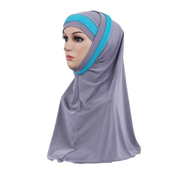 Мюсюлмански шал за жени Плътен Цвят на ивици Шал с бродерия Тюрбан Шапка Дами Baotou Арабски тайна Кърпичка Hijabs Ислямски шалове
