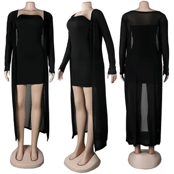 ANJAMANOR Секси комплект от две части За жени на Топ-Топ Дебнещ мини рокля с прозрачни мрежа Жилетка с дълъг ръкав Топ Клубни съоръжения D35-CD33