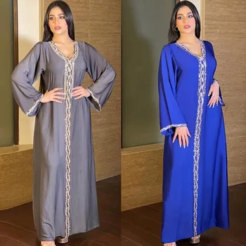 Кафтан Дубайское рокля за жените 2021 Марокански Мюсюлманин Кафтан с диамантена лента Джалабия Сив Ейд Атлас Абаяс Джеллаба Исляма Халат за баня в Синьо