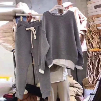 Модни дамски две хартиени разрязващи Свободни пуловери, Спортен костюм с Нов Дизайн от две части Стилни дрехи Hoody Панталони и Комплекти