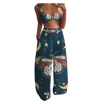 Женски костюм Комплект от 2 теми Къса обикновена тениски без ръкави, Потници+висока талия Ежедневни Дълги панталони с принтом Пеперуди Лято 2021