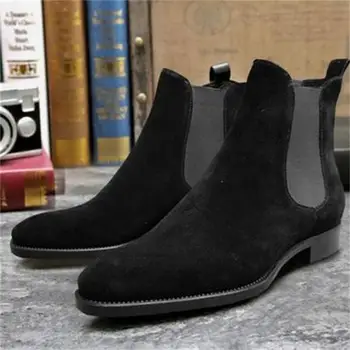 2021 Нов мъжки моден тренд, Универсални модела обувки са ръчно изработени от черен велур в Ретро стил с кръгла пръсти на нисък ток Класически обувки Челси 6KF653