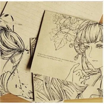 сладък набор от пликове от крафт-хартия включва 2 бр. плик и 4 бр. пощенска хартия Япония карикатура момиче дизайн канцеларски материали