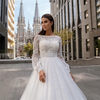 Страхотна бална рокля Дантелено Сватбена рокля с Дълги Ръкави 2021 Рокля на Булката с Аппликацией, Прозрачно Отгоре сватбена рокля Vestido De Noiva
