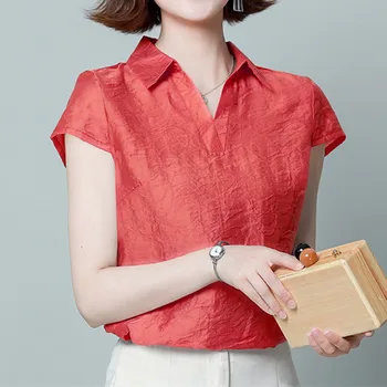 Жените риза Летни блузи за жени Копринени сатен обикновена риза Дамски дрехи 2021 Червена блуза с поло деколте Дамска риза с къс ръкав