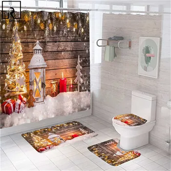 Реалистичен Камина Коледни Пейзажи Завеса за баня и Кърпа Завеса за душ Водоустойчив Коледен Декор Подложка за баня Комплект Капак на тоалетната на Нова