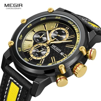 Мъжки жълти спортни ръчни часовници с хронограф Армейските Военни Кожени кварцов Мъжки часовници хронометри Relogios Masculino 2079G1N3