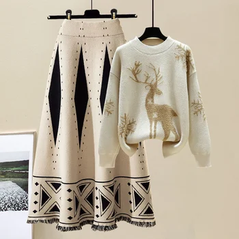 Есенно-зимния вязаный комплект от две части за Корейски жени Реколта Жаккардовый комплект плетиво поли с ресни Дамски костюми с дълга пола с висока талия