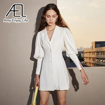 AEL Женско бяло тънката рокля-блейзър 2021 Винтажное елегантна мини рокля с ръкав епископ Модни градинска облекло