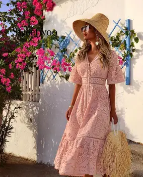 Vintgae женствена рокля с V-образно деколте с къс ръкав кух однобортное рокля женски ежедневното луксозно дамско богемное плажна рокля vestidos