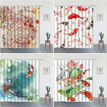 Японски Природа Завеси За Душ Шаран Koi Риба И Разцвет Череша Акварел Дизайн за вашия интериор на Банята Набор от Моющийся Екран За Баня