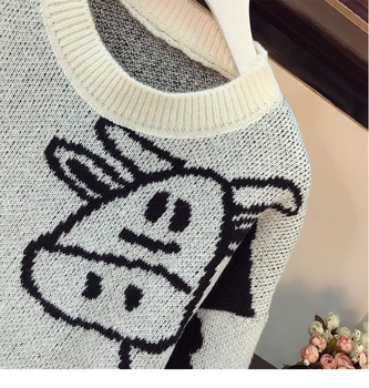 Коледен пуловер с крава макси Дамски дрехи на свободния cut вязаный Kawai Жаккардовый Харадзюку Съкратен жилетка Върховете Корейски блузи с дълъг ръкав