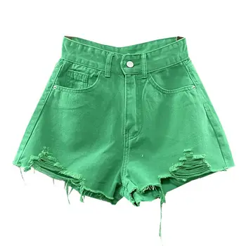 2020 Лятото с Нови Летни Корейски Широки Панталони с цвят на Бонбони Скъсани дънкови Дамски Шорти с висока талия Зелени Трапециевидные Горещи къси Панталони Панталони