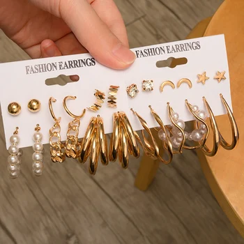 Нови Чешки Златни Обеци-капки с перли, Комплект за жени, Модни Геометрични Метални обици-халки с пръстени, Brincos 2021, Модерен бижута подарък