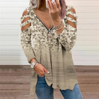2021 Есенни женски выдалбливают блузи с флорални принтом Ежедневни Свободна тениска голям размер пуловер с V-образно деколте и дълъг ръкав Дамски тениска