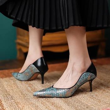 【JOCHEBED HU】Дамски обувки-лодка със сексуални искри сини обувки-лодка от естествена кожа, с тънки токчета с шарките на кожата риба Вечерни Сватбени елегантни дамски обувки