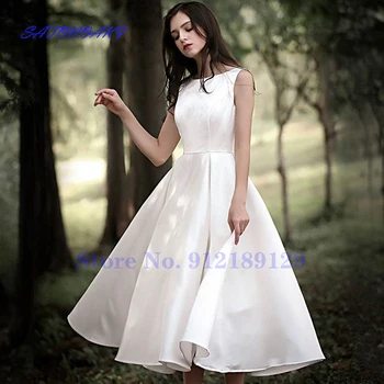 2021 Женски Бял сатен за Сватбени рокли с кръгло деколте без ръкави Чаена дължина Сватбена рокля Robe De Mariée Vestidos Sukienka Онлайн магазин