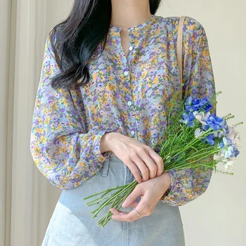 Дамска риза с флорална принтом за почивка Свободни Елегантни шифоновые върховете Блузи копчета Есен с дълъг ръкав, V-образно деколте Офис сладко корейски стил
