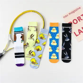 Новите дамски чорапи, Модни Сладки Ежедневни анимационни филми в стил Ретро Харадзюку Меки памучни дълги чорапи Еластична дишаща животински модел