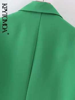 KPYTOMOA Дамска мода на една пуговице Зелен блейзър Палто Реколта с дълъг ръкав Джобове с капаци Дамски връхни дрехи-Шик Веста Femme