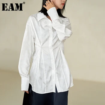 [ИАЛ] Женска бяла плиссированная цвете елегантна блуза с нов ревера с дълъг ръкав свободно cut Риза Прилив на Мода Пролет Есен 2022 1DE3689