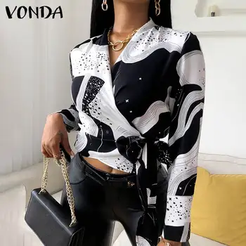 Дамски блузи с дълъг ръкав и колан VONDA 2022 Женски офис тениски с V-образно деколте Femme Реколта блуза с принтом риза за партита Blusas Femininas