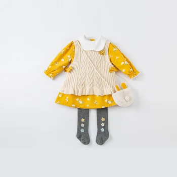 DBJ18686-1 Дейв Бела есента модно рокля с цветен печат за малки момичета с малка чанта вечерна рокля детска детски дрехи Лолита 2 бр.