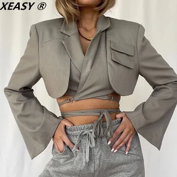 XEASY 2021 Дамска мода Реколта Превръзка Кратък блейзър Женски назъбена яка с дълъг ръкав Асиметрично яке, в английски стил
