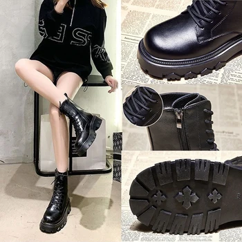 2021 Нови зимни кожени ботуши Дамски модни черни панковские военни обувки на платформа Дамски топли стръмни ботильоны с кръгло бомбе за жени топли