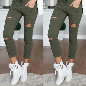 2021 Модни Нови скъсани дънки за жени Голям Размер Скъсани Панталони Участък Панталон-молив Гамаши Дамски памучни Дамски дънки