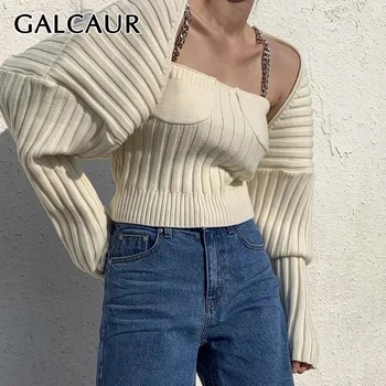 GALCAUR Обвивка на Корейската мода Комплект от две части За жените Квадратен яка и без ръкави Жилетки с дълъг ръкав Шал Обикновен дамски костюми 2021