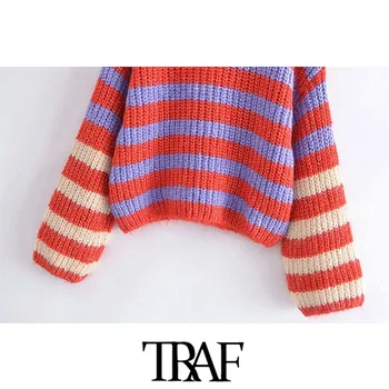 ТРАФИКА на Дамска мода Свободен шарени вязаный Ретро пуловер O-образно деколте с дълъг ръкав Дамски пуловери Шик върховете