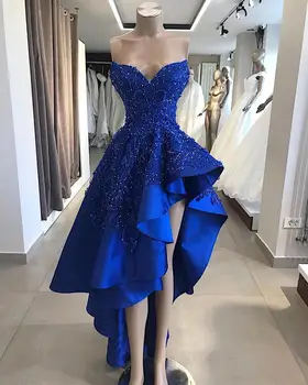 Реколта на Кралския син цвят Къса рокля за абитуриентски бал с висока засаждане на действителния образ на Трапециевидные апликация от мъниста Скъпа Асиметрична дълга вечерна рокля