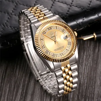 Оригинален Нов 2020 Реджиналд Кварцови часовници За мъже, Жълто злато 18 карата Нагъната bezel с перли и диаманти Циферблат Пълен Неръждаема Стомана Светлинен Часовник