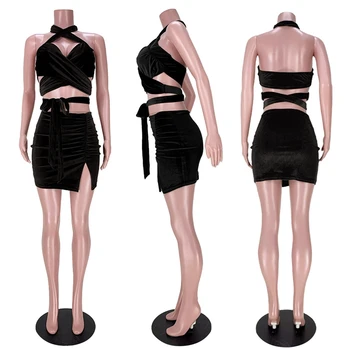 Секси пола от две части Вечерен костюм 2021 Нова мода За жени Нощен клуб Топ с деколте и плиссированная пола с цепка