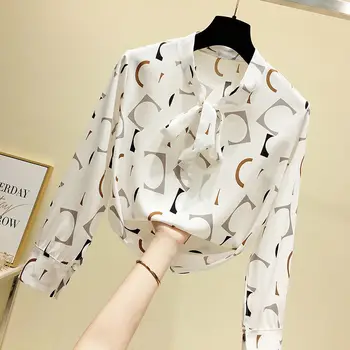 Блуза Дамски шифоновая риза Дамски Пролет Есен с принтом Топ с дълъг ръкав Дамски риза Blusas Mujer De Moda