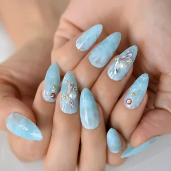 Мраморно Облак Кликнете на Френските Въздушни ноктите Лъскаво Синьо небе Дизайн 3D Кристални камъни Фалшиви Шипове за нокти Бадеми Съвети за изкуство на ноктите 24 бр.