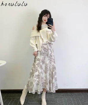 2022 пролет нов стил японски дами с нередовни принтом елегантна пола + пуловер с каишка костюм