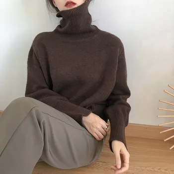 Есен-Зима Дамски вязаная поло вълнен пуловер 2021 Случайни Основен пуловер Жилетка с дълги ръкави, Свободни топове