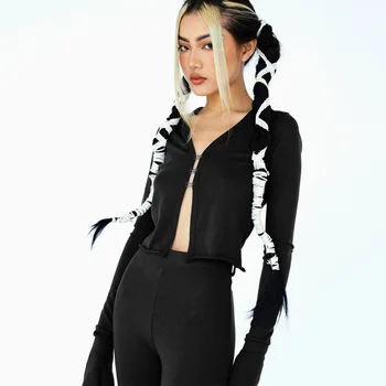 WJFZQM Секси черни копчета V-образно деколте с дълъг ръкав Съкратен Топ и тесни Разкроена панталони, Костюми 2 Комплект от две части Женски спортен костюм Съответния комплект