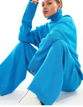 Безплатна Доставка Пуловер с висока воротом Комплект от две части За жените, обикновен пуловер с дълъг ръкав Трико и прави Панталони Комплект Зима от 2021