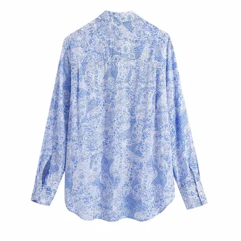 Топ за жени блуза 2021 Лято Реколта Цвете джоб с дълъг ръкав Дамски дрехи Свободни копчета Офис дамски ризи