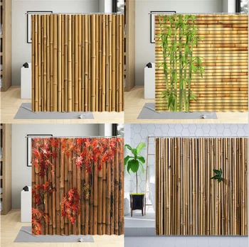 Зелен Бамбук Завеса За Душ Растения Дърво Кленов Лист Дървени 3D Печат Декорация на Стени Баня Полиестерни Пердета, Определени С Куки