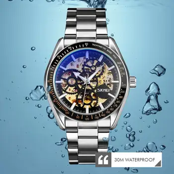 Луксозни Автоматични Механични Часовници Мъжки ръчен часовник Кухи От Неръждаема Стомана SKMEI Нажежен Скелет Водоустойчив Relogio Masculino