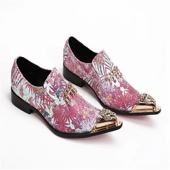 Chaussures Homme от естествена кожа За мъже Сватбена рокля Луксозни обувки За мъже мокасини с железни пръсти, Розов принт Класическа мода обувки с пискюли